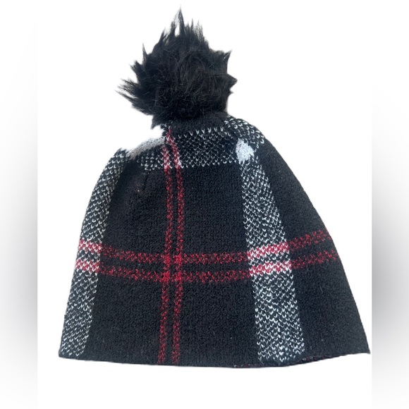 Christian Siriano Black with red and white winter pom pom hat plaid One size - Picture 1 of 5